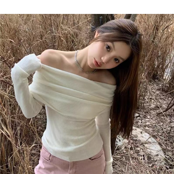 美式辣妹网红露肩打底早秋纯色一字肩性感设计修身显瘦长袖上衣女