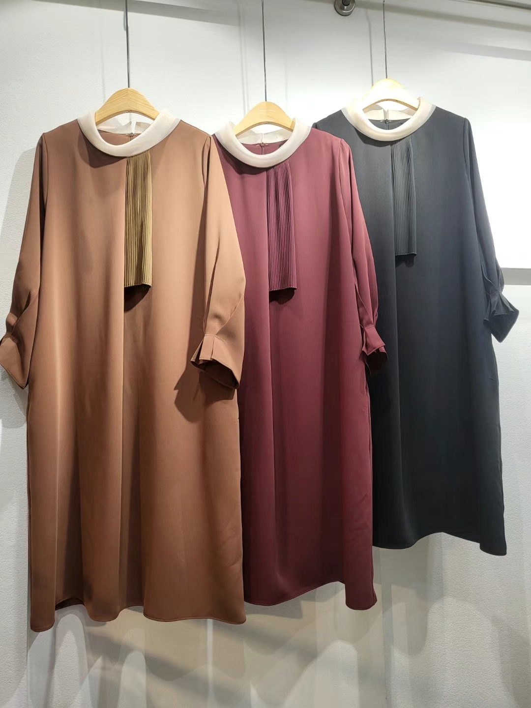 秋冬新品韩国进口韩国设计师款减龄纯色焦糖色欧根纱领连衣裙