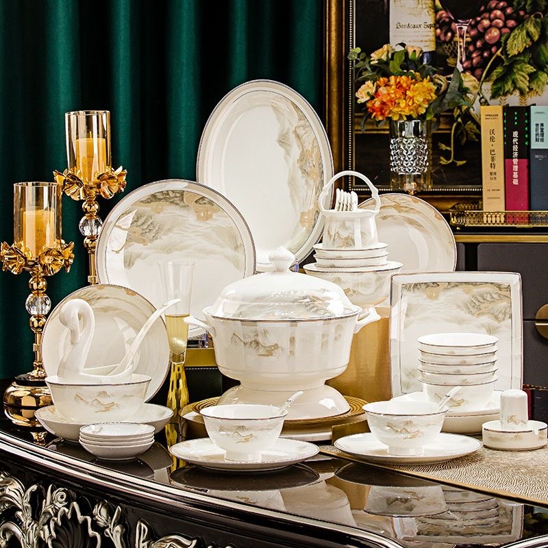 景德镇大好河山54+32件套陶瓷餐具套装中式高端家用碗碟乔迁送礼