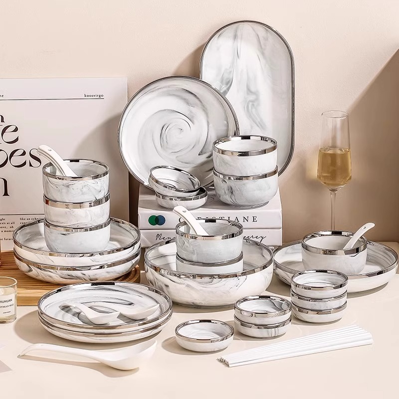 2025新款伯爵银边轻奢餐具套装高级感大理石碗碟家用筷盘组合乔迁
