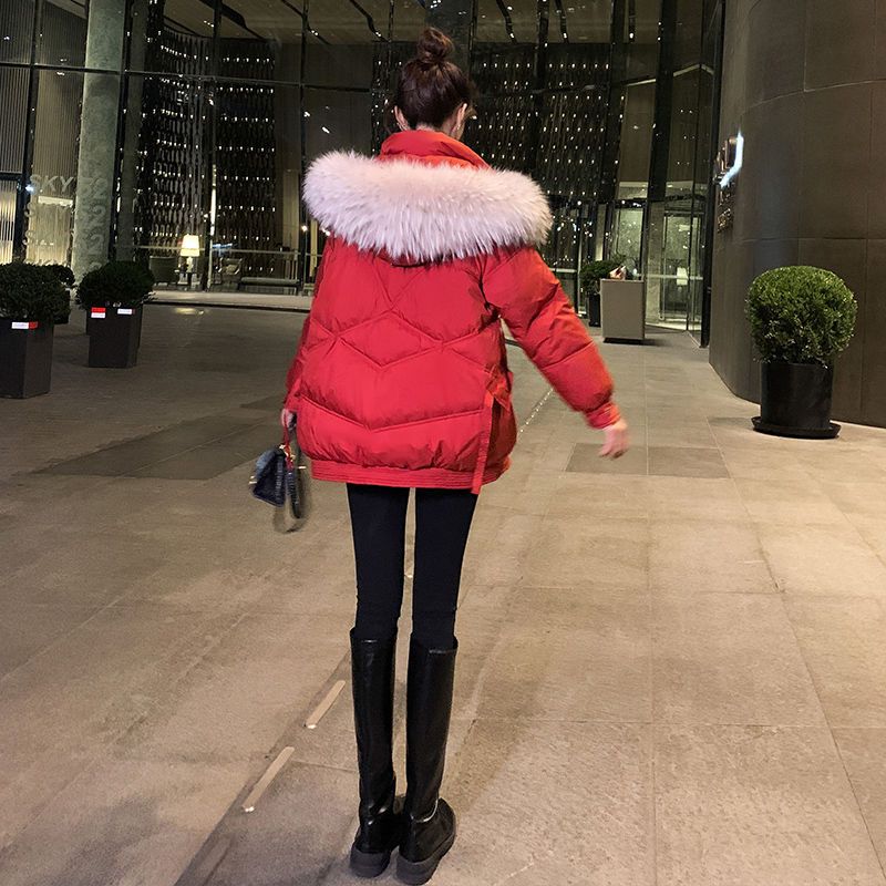 红色羽绒棉服女冬中长款时尚棉衣洋气爆款小个子棉袄加厚韩版外套