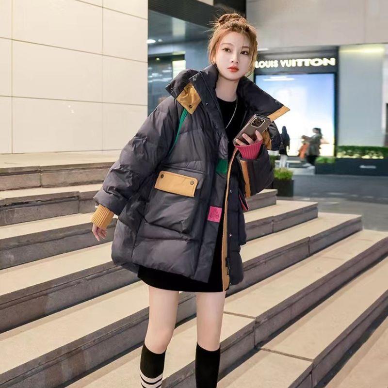 羽绒羽绒棉服女2023年冬季新款拼色宽松中长款小众设计感加厚