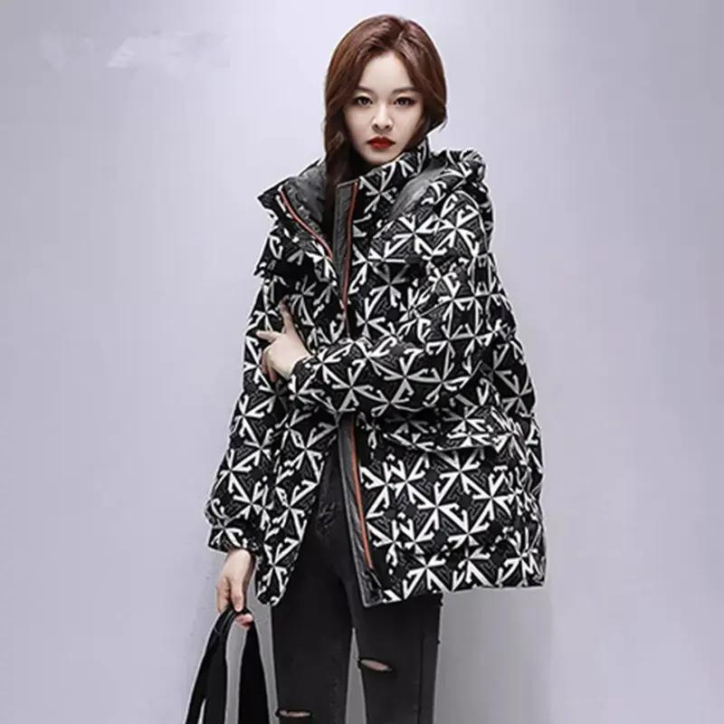 印花中长款羽绒羽绒棉服女款2023年冬季新款时尚立领小个子秋