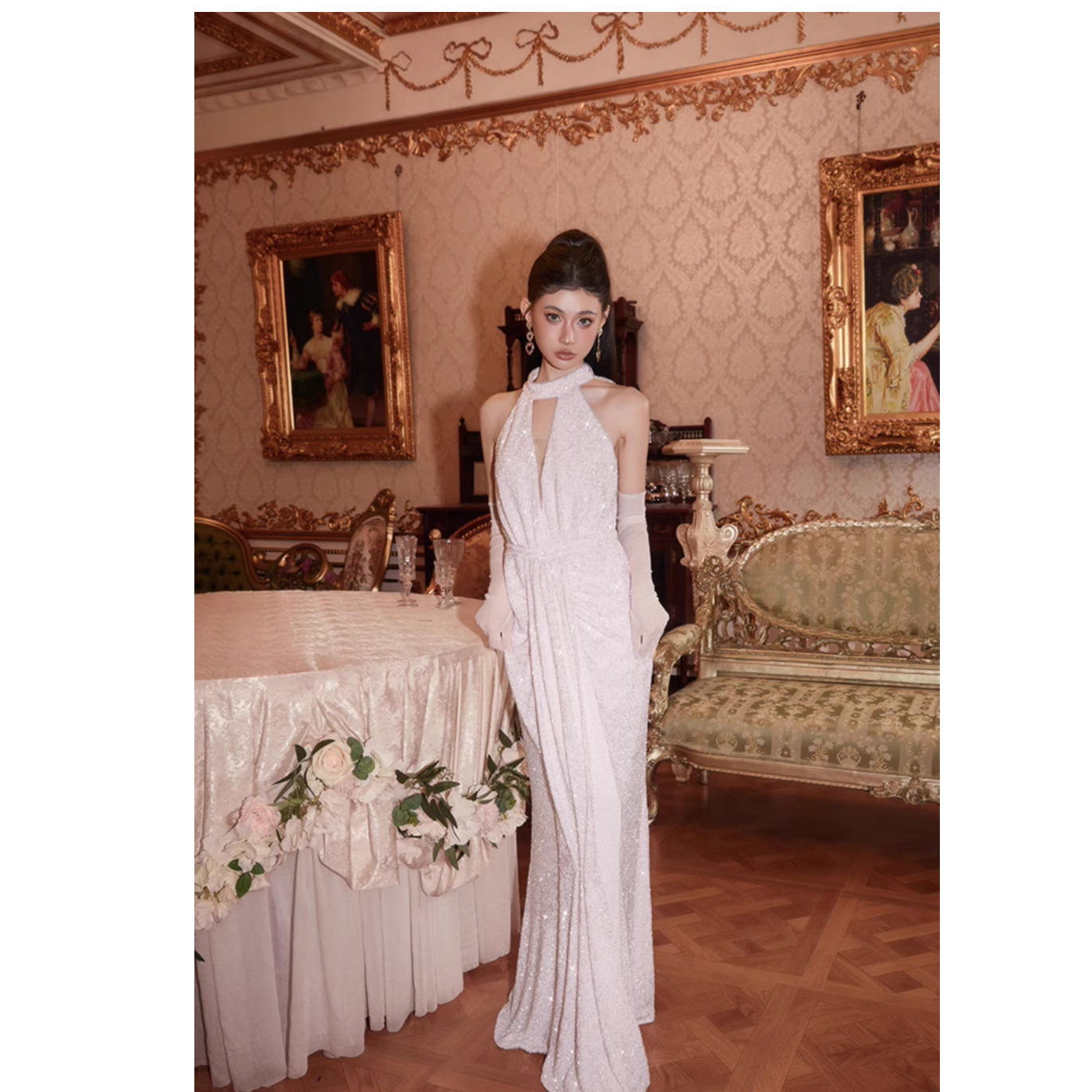 Wardrobes by chen轻奢粉梦萦光亮片挂脖抽褶连衣裙CHEN24AW1023