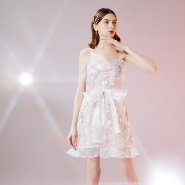 WARDROBES BY CHEN粉蕊花朵晶珠彩纱花边吊带裙SS21D04011