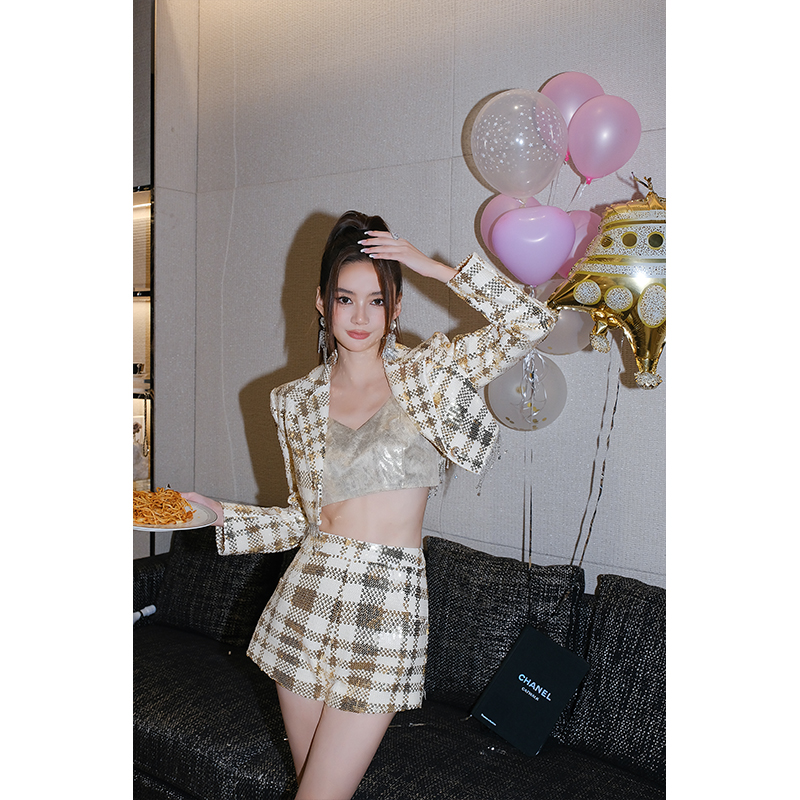 Wardrobes By Chen奢华金格子亮片钻链流苏西装LE22SS07044