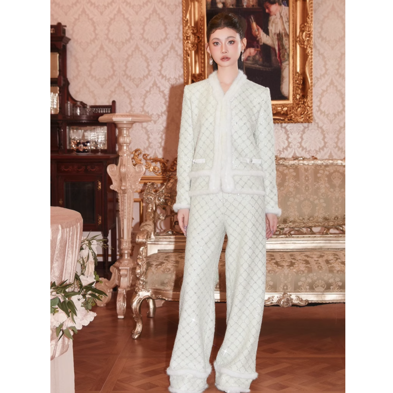  Wardrobes by chen棱格晶珠水貂毛外套阔腿裤套装CHEN24AW1012