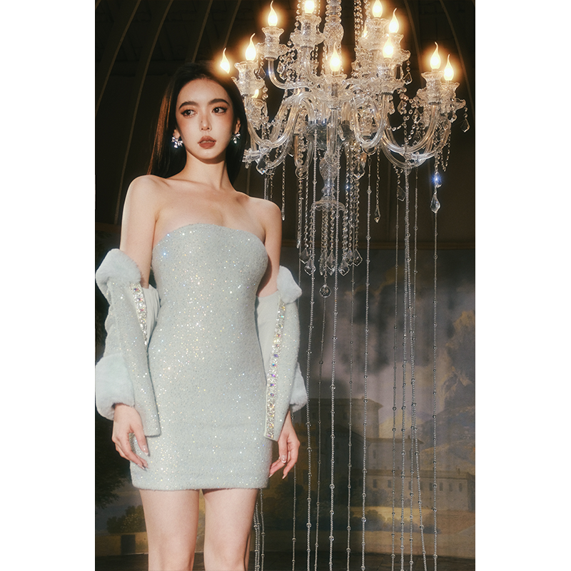 Wardrobes By Chen设计师名媛华丽烫钻薄荷绿抹胸裙DY22AW1004