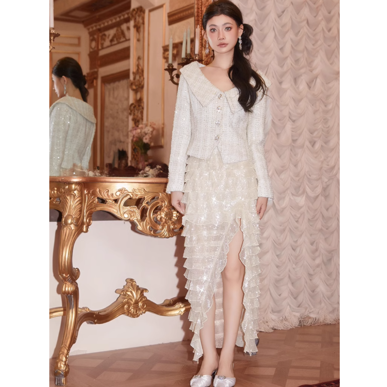 Wardrobes by chen⾦丝珠管翻领粗花呢外套蛋糕套装CHEN24AW1018