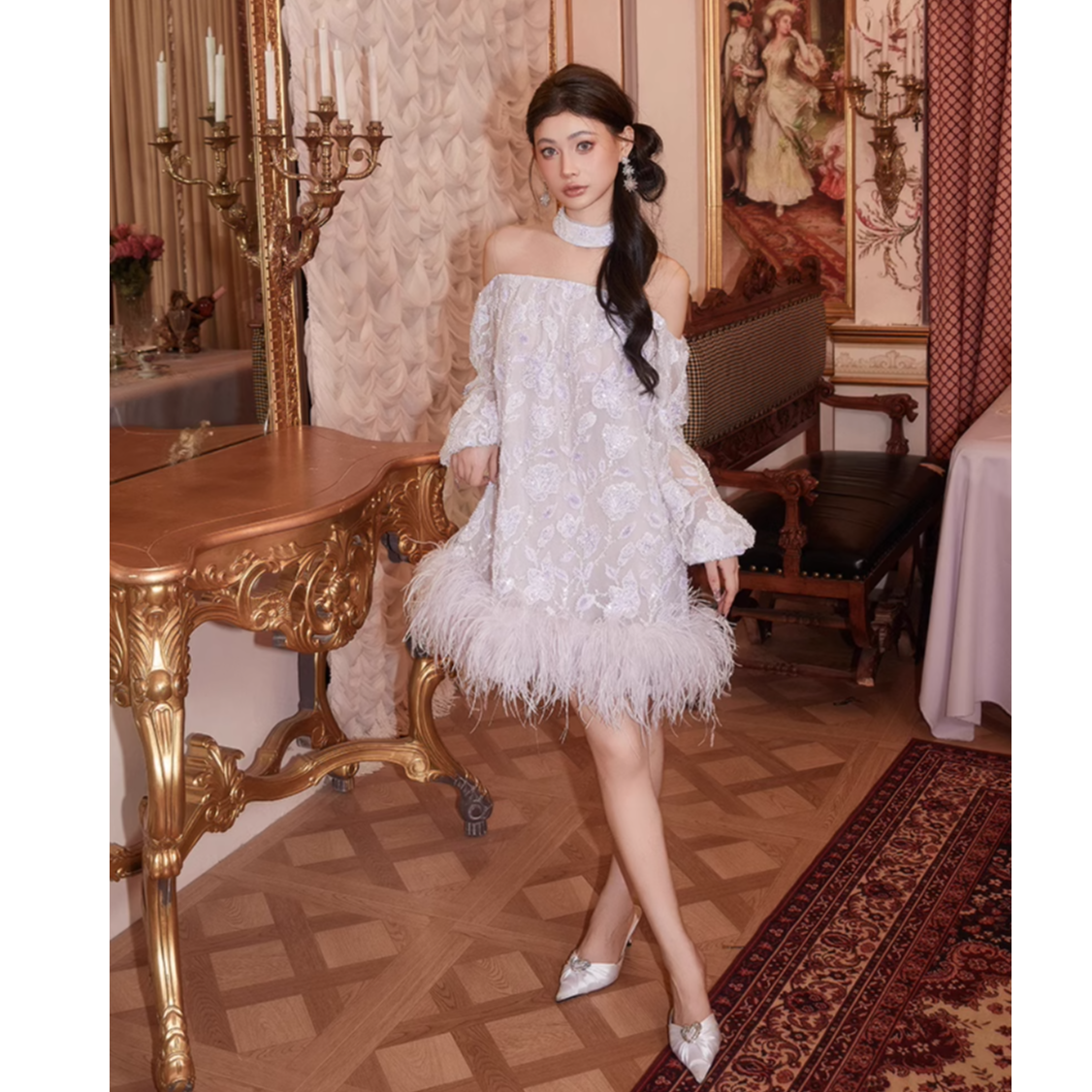 Wardrobes by chen轻奢高定重工晶珠刺绣羽毛连衣裙CHEN24AW1029