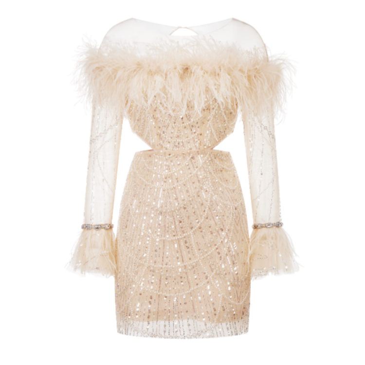 WARDROBES BY CHEN奢华立体晶莹绣珠羽毛连衣裙CHEN22AW0915