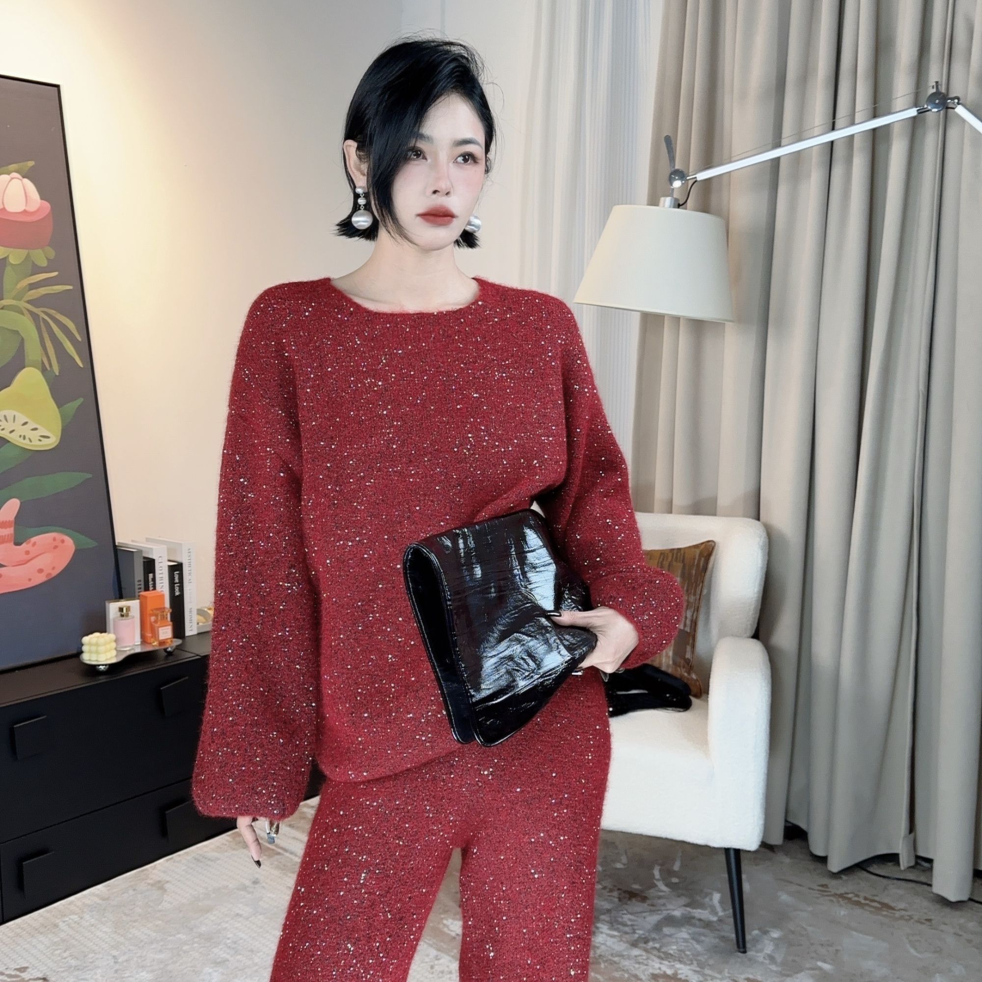 【上衣+裤子】星空闪毛衣针织套装