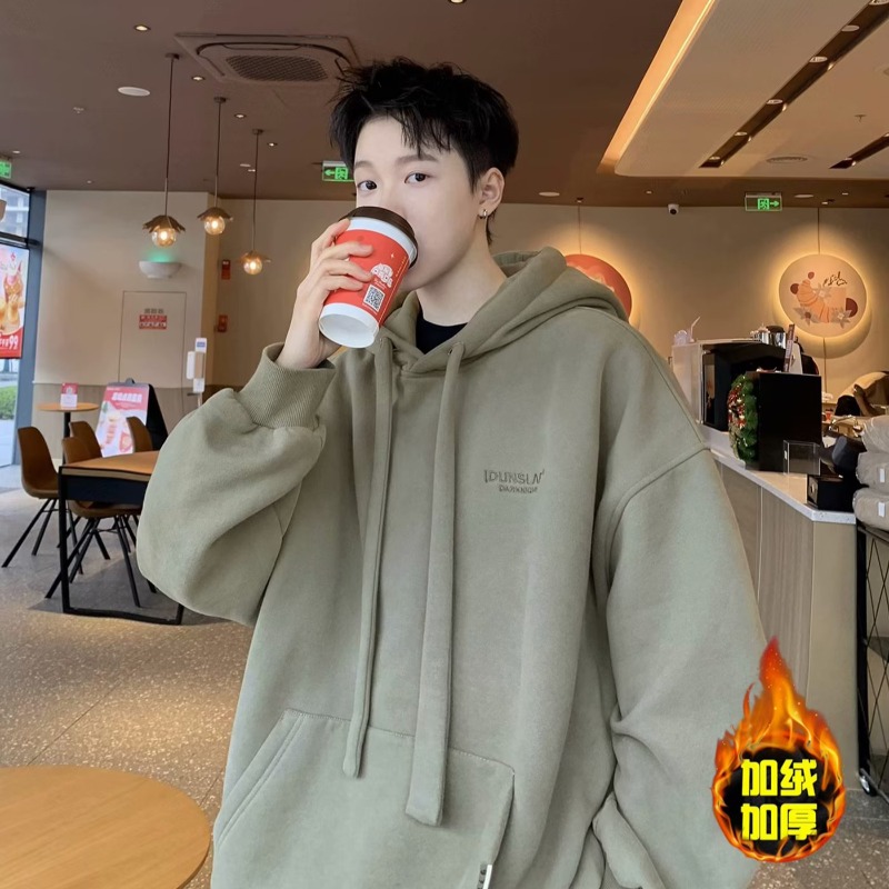 重磅连帽加绒卫衣男2023新款秋冬季上衣美式潮牌男生宽松男款外套