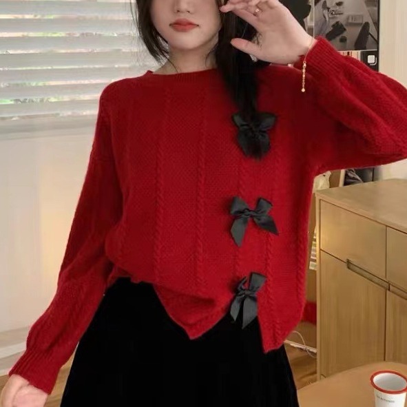 圣诞节红色蝴蝶结毛衣女款2023新款超好看针织衫宽松短款上衣胜合