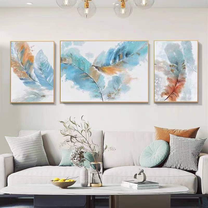 纯手绘油画［金羽生辉］现代简约装饰画客厅沙发美式轻奢三联挂画