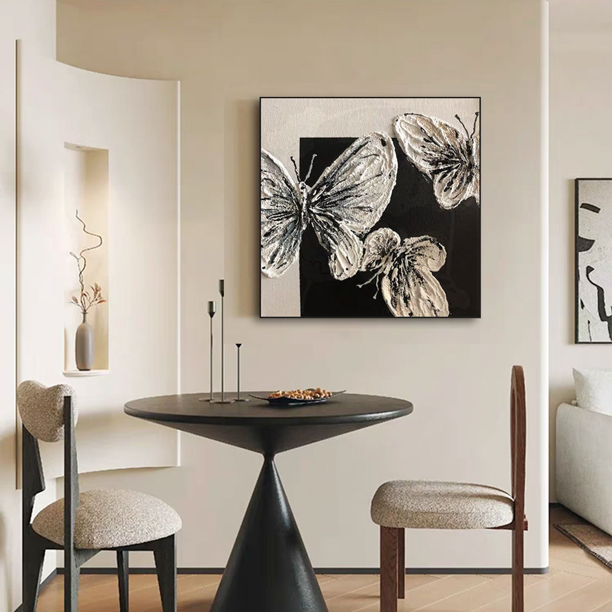 手绘油画黑白灰极简客厅装饰画高级感沙发背景墙肌理艺术餐厅挂画