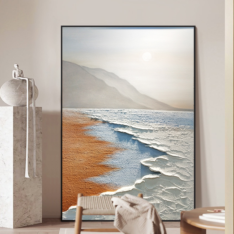 手绘肌理油画侘寂风客厅玄关海景装饰画现代简约砂岩抽象竖版挂画