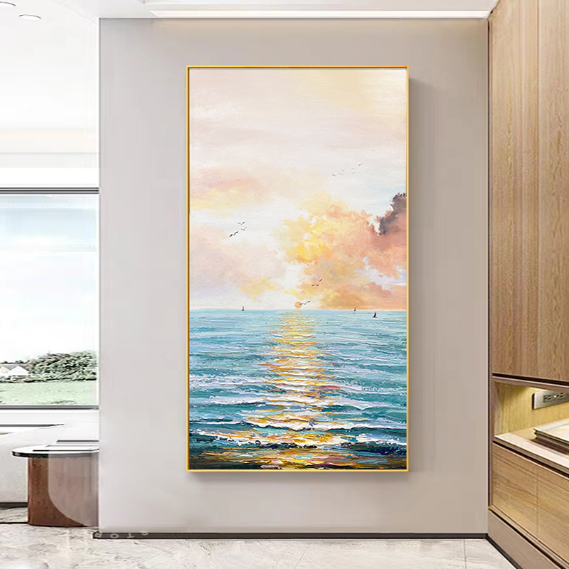 纯手绘油画现代简约走廊装饰画【旭日东升】入户玄关竖版立体挂画