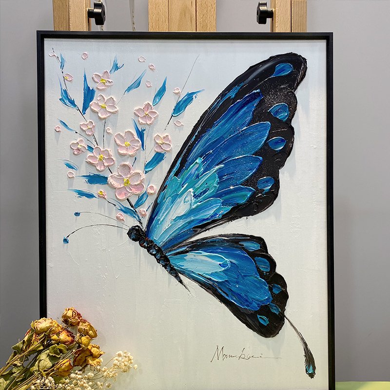 手绘蝴蝶油画客厅餐厅挂画小清新厚肌理画现代简约小众抽象装饰画