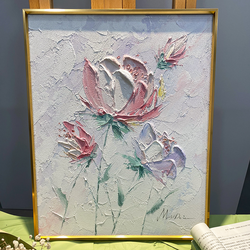 纯手绘玫瑰花卉油画餐厅装饰画轻奢奶油风客厅壁画厚肌理抽象挂画