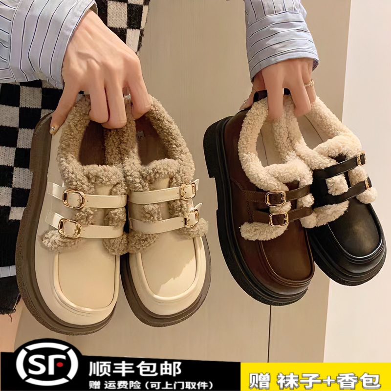 毛毛鞋女外穿英伦风小皮鞋秋冬加绒保暖棉鞋款厚底乐福鞋jk