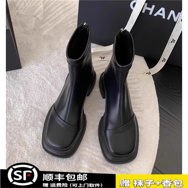 切尔西短靴女百搭潮流休闲女方头法式平底时尚瘦瘦靴厚底马丁靴女