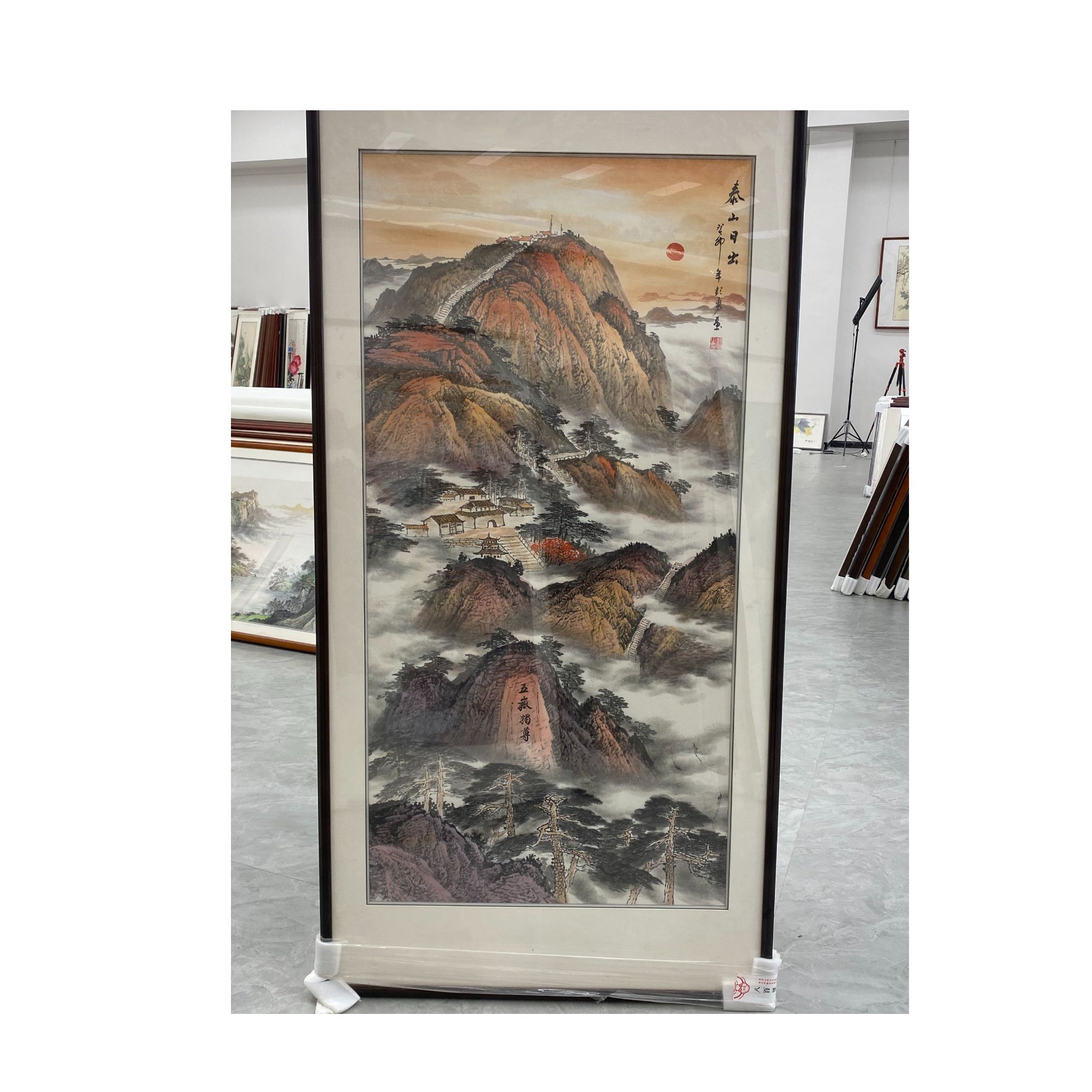 手绘【泰山日出】装框后：172*85CM国画玄关装饰画五岳独尊竖版挂画