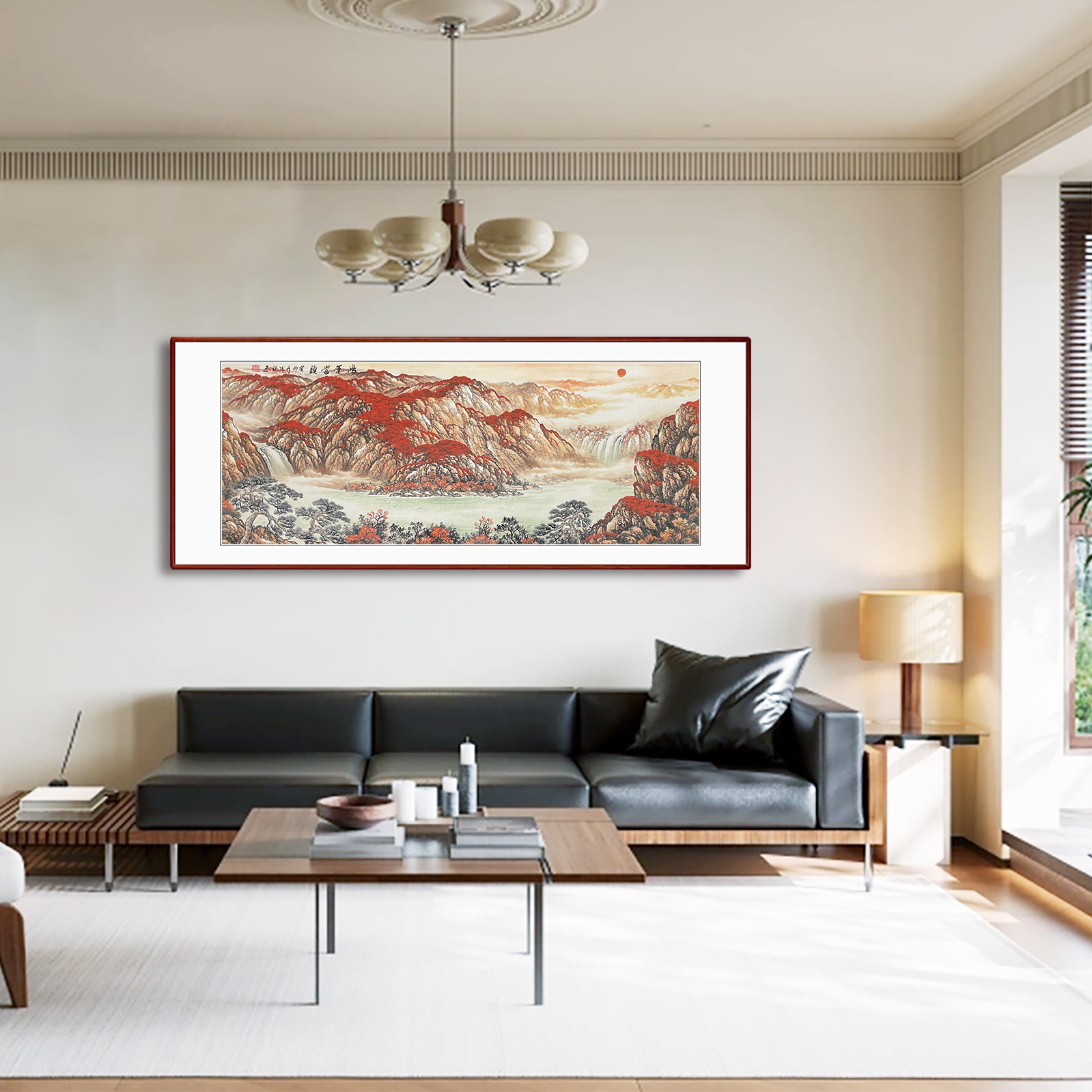 手绘【鸿运当头】装框：219*88CM国画山水画客厅办公室挂画
