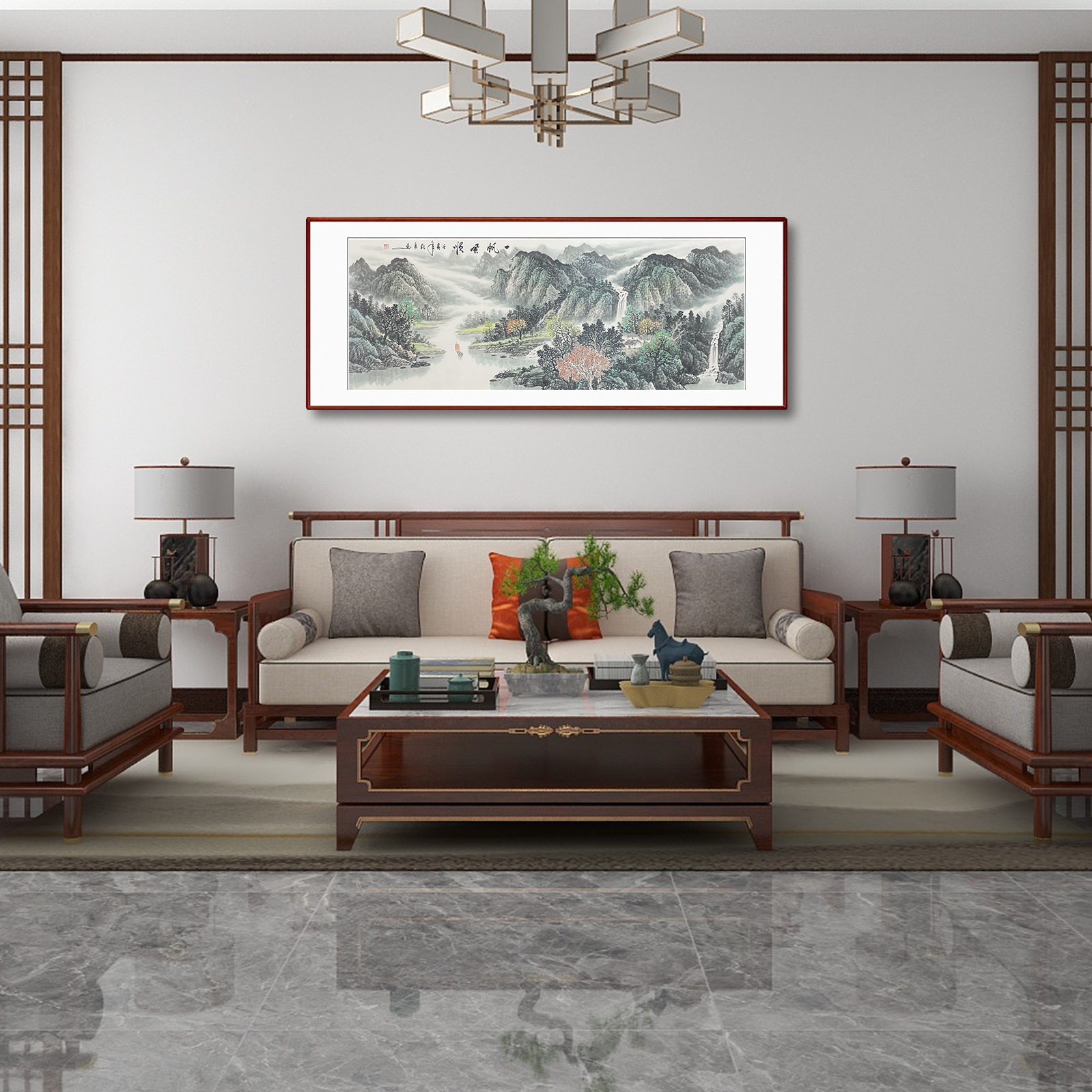 手绘【一帆风顺】装框：219*88CM国画山水画客厅办公室挂画