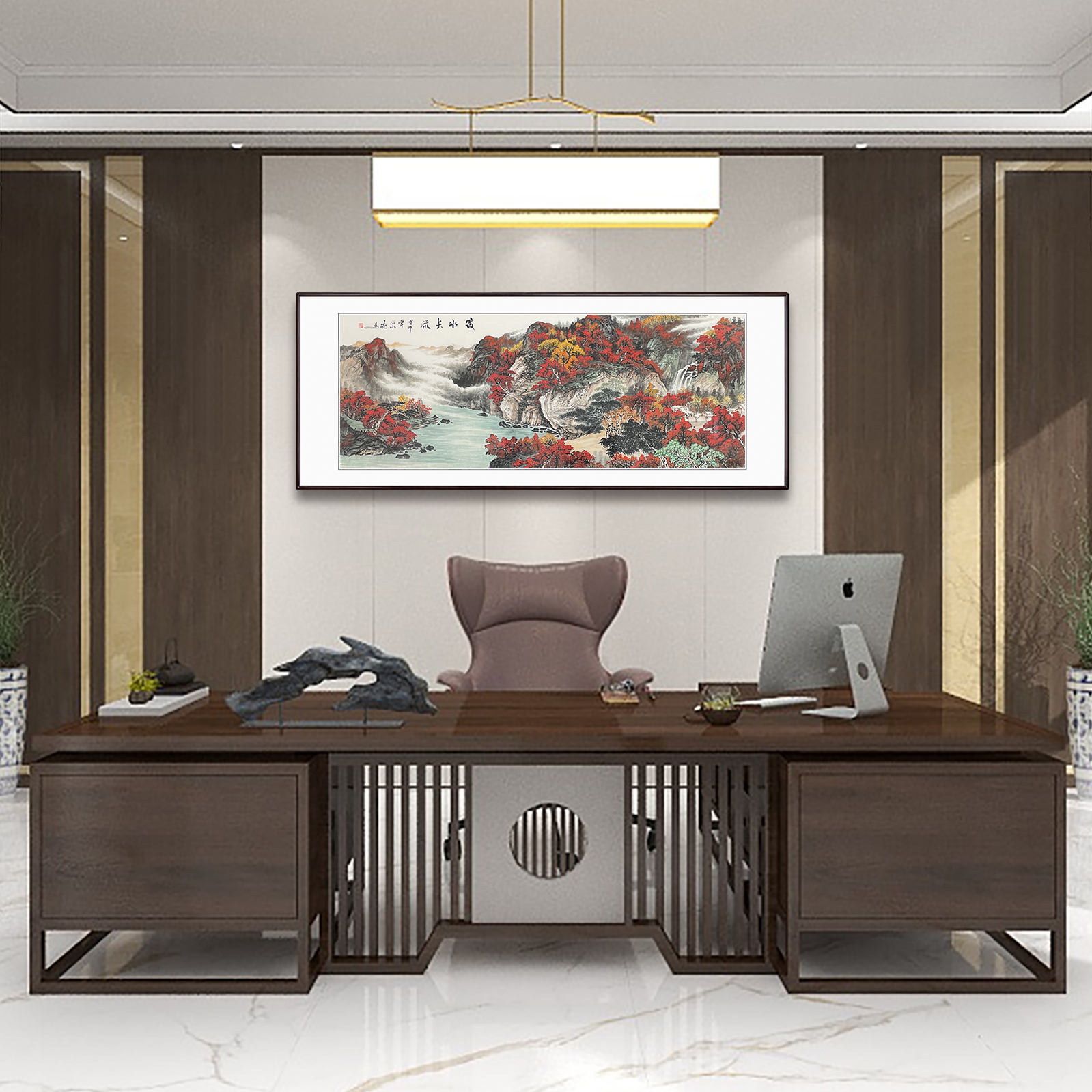 手绘【富水长流】装框后：219*88CM国画山水画客厅办公室挂画