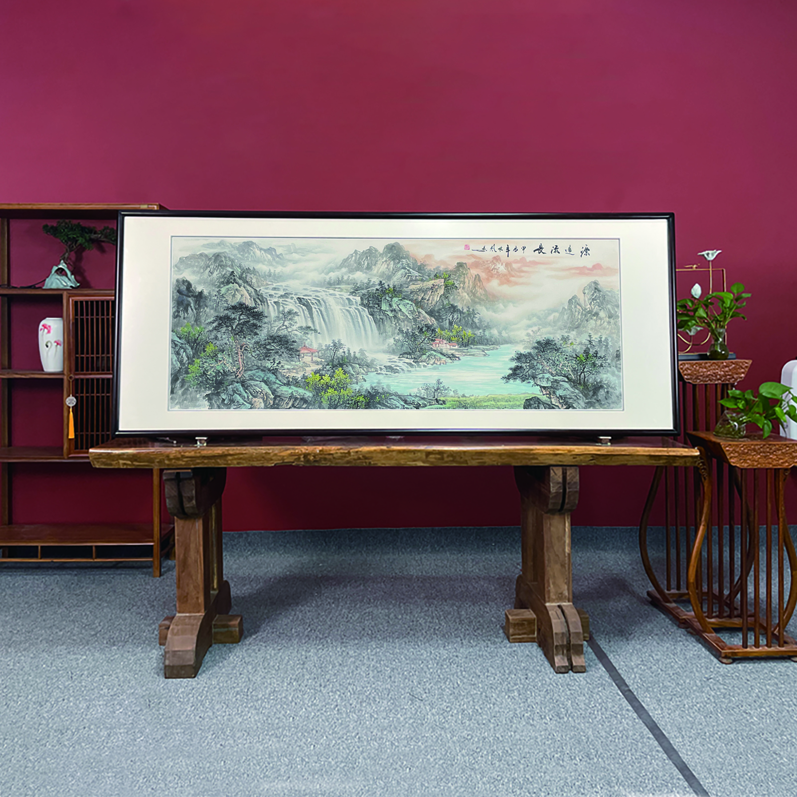 手绘林风【源远流长】装框后：219*88CM国画山水画客厅办公室挂画