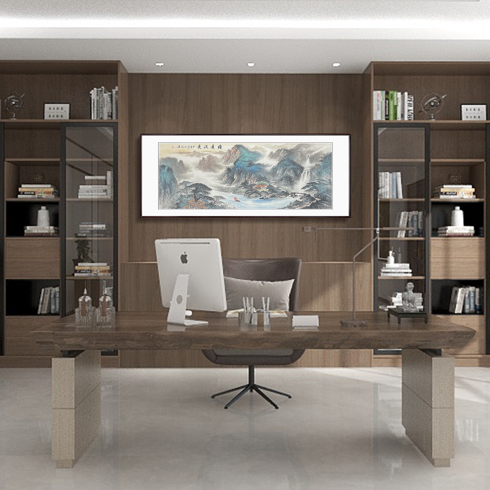 手绘林风【源远流长】装框后：219*88CM国画山水画客厅办公室挂画