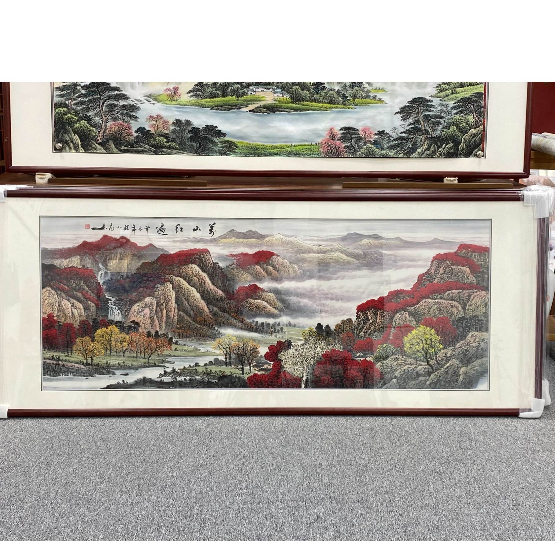 手绘孙【万山红遍】装框后：219*88CM国画山水画客厅办公室挂画