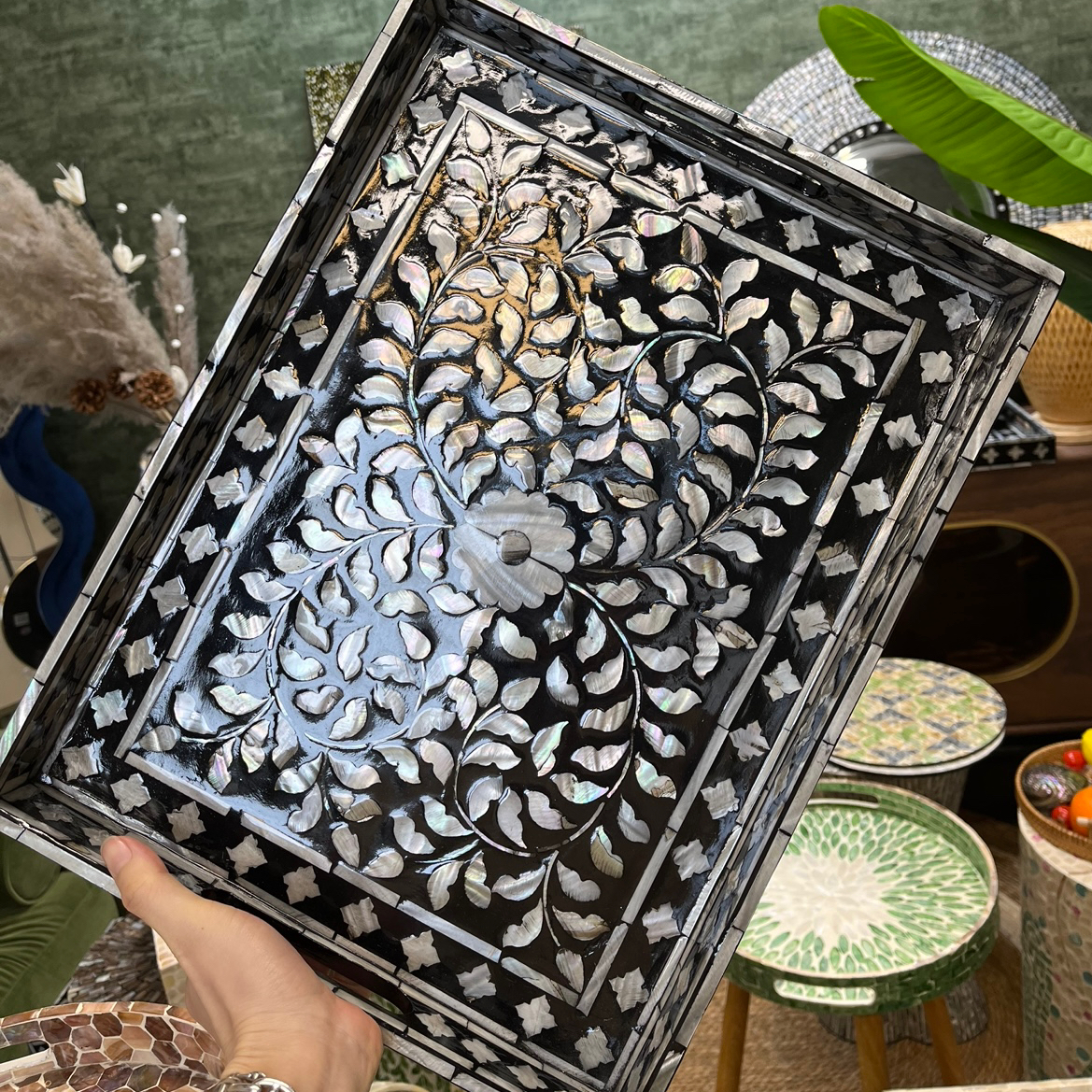 新款富贵花黑色全贝壳托盘浴室洗手台长方形收纳托盘书房水果盘