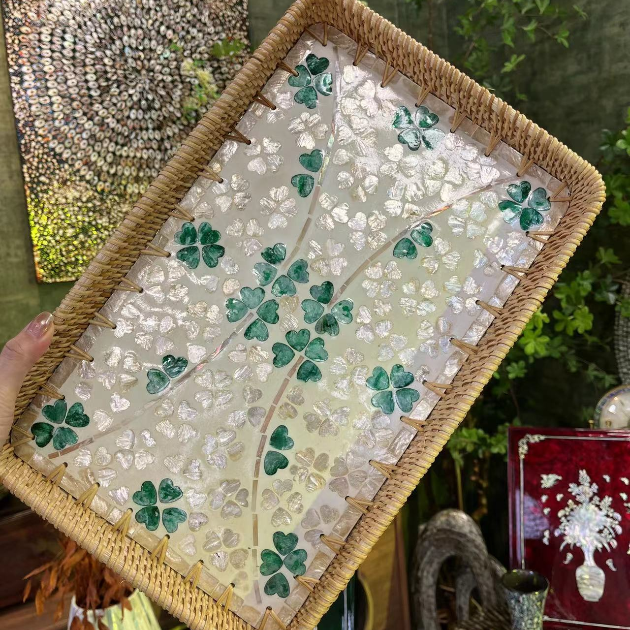 买一送二纯植物真藤编织幸运四叶草方盘茶盘饺子盘收纳盘