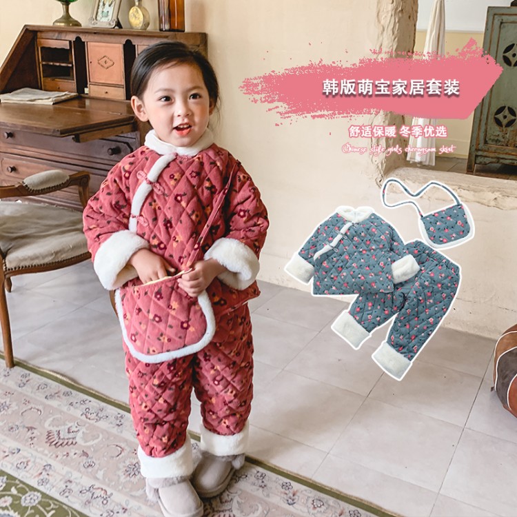 女童拜年服中国风加棉唐装女宝宝冬季中小童古装加厚汉服两件套装