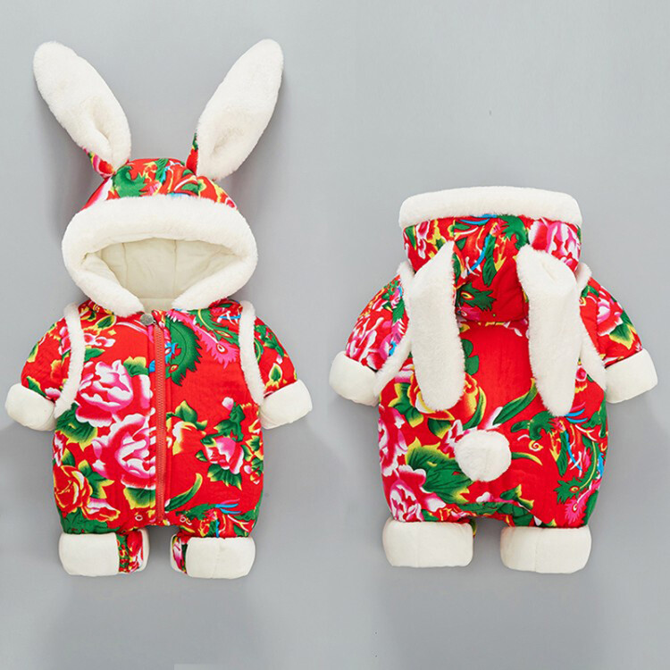 婴儿秋冬加绒保暖兔子连体衣新生儿外出服抱衣宝宝衣服加厚棉衣冬