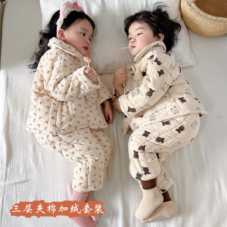 韩版冬季儿童加厚蓬松保暖分体家居服中小童三层夹棉加绒保暖套装