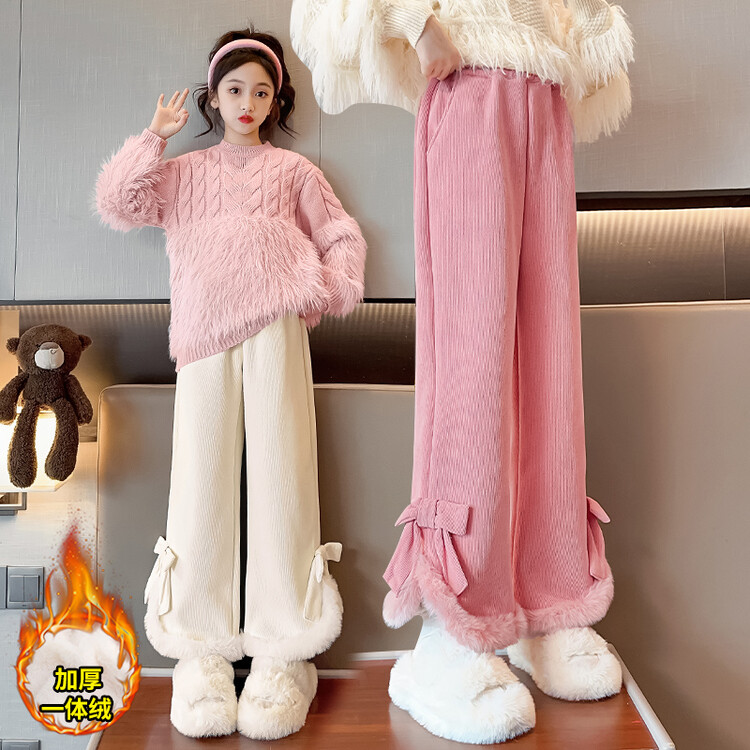 女童加绒阔腿裤秋冬2023新款中大童儿童洋气加厚裤子女孩微喇叭裤