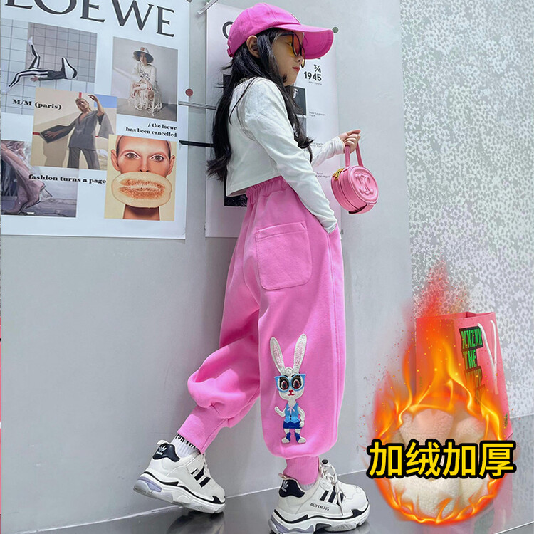 女童秋冬款宽松加绒裤子一体绒2023新款儿童冬季卫裤女大童休闲裤
