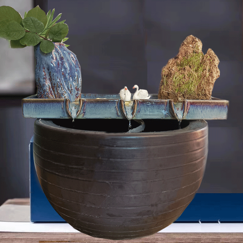 流水摆件鱼缸造景养鱼循环过滤器水池增氧加湿家居装饰景德镇陶瓷