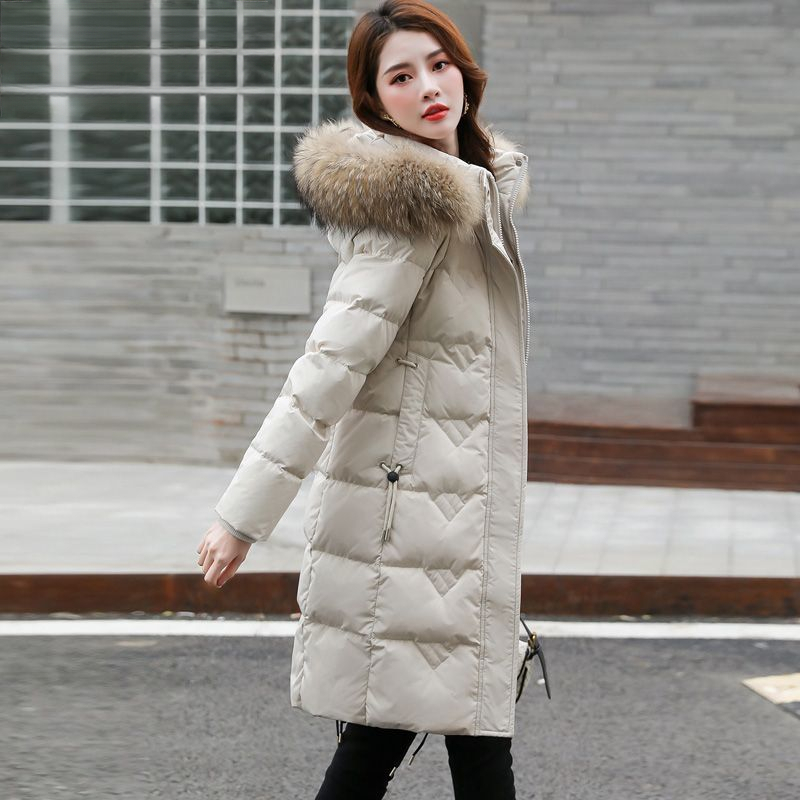 波登司羽绒服女2023新款中长款修身加厚冬季爆款白鸭绒外套真毛领