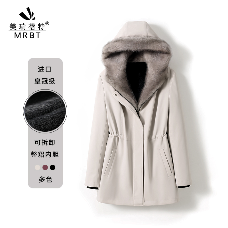 新款时尚尼克服女保暖大衣短款进口整貂内胆连帽可拆卸皮草冬外套