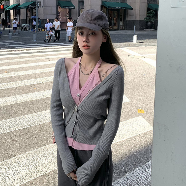 显瘦上衣短款百搭新款linyings「秋日」春秋设计脖毛衣假针织衫女