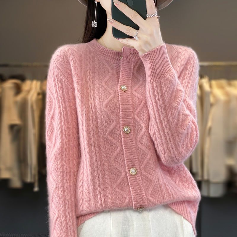 新款厚毛衣开衫加厚毛衫麻花女士外套圆领百搭洋气扭花针织秋冬