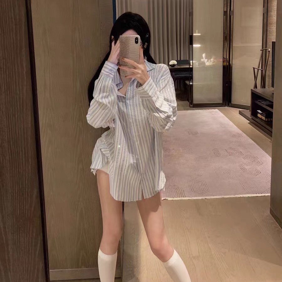 条纹满天星钉珠烫钻字母长袖衬衫女士秋季新款宽松休闲衬衣