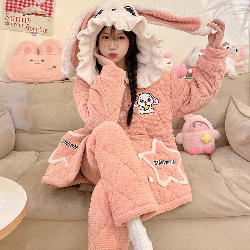 【三层夹棉】睡衣女冬季新款珊瑚绒加绒加厚保暖家居服卡通大码套装