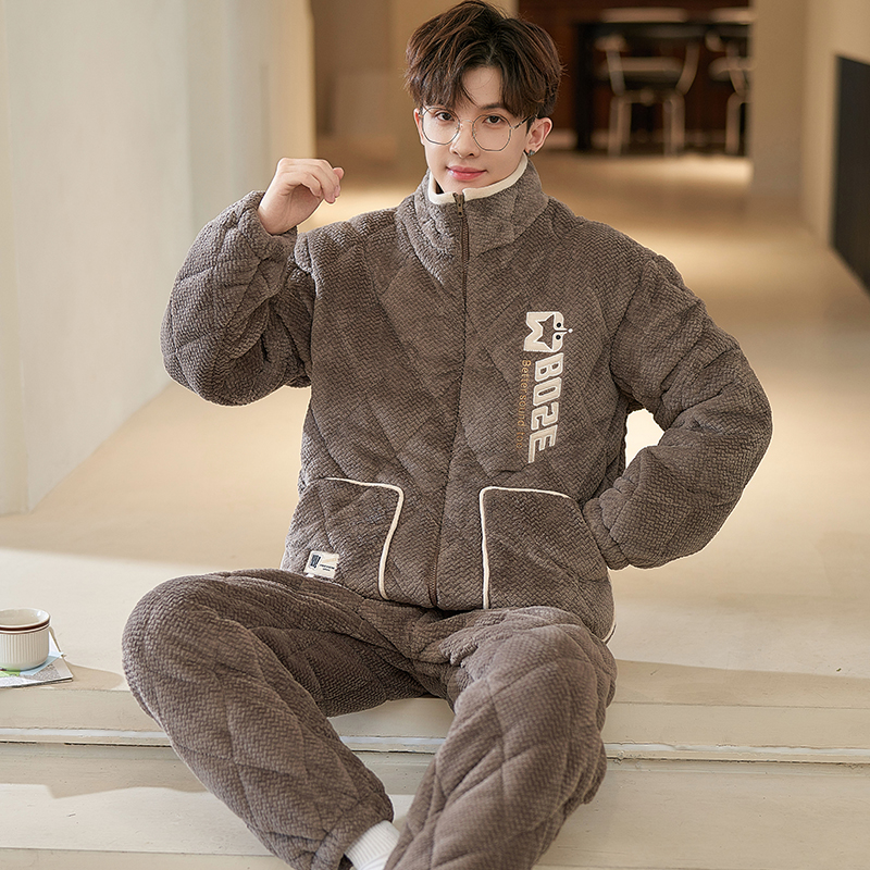 【三层夹棉】睡衣男士冬季珊瑚绒加绒加厚保暖法兰绒家居服冬天套装