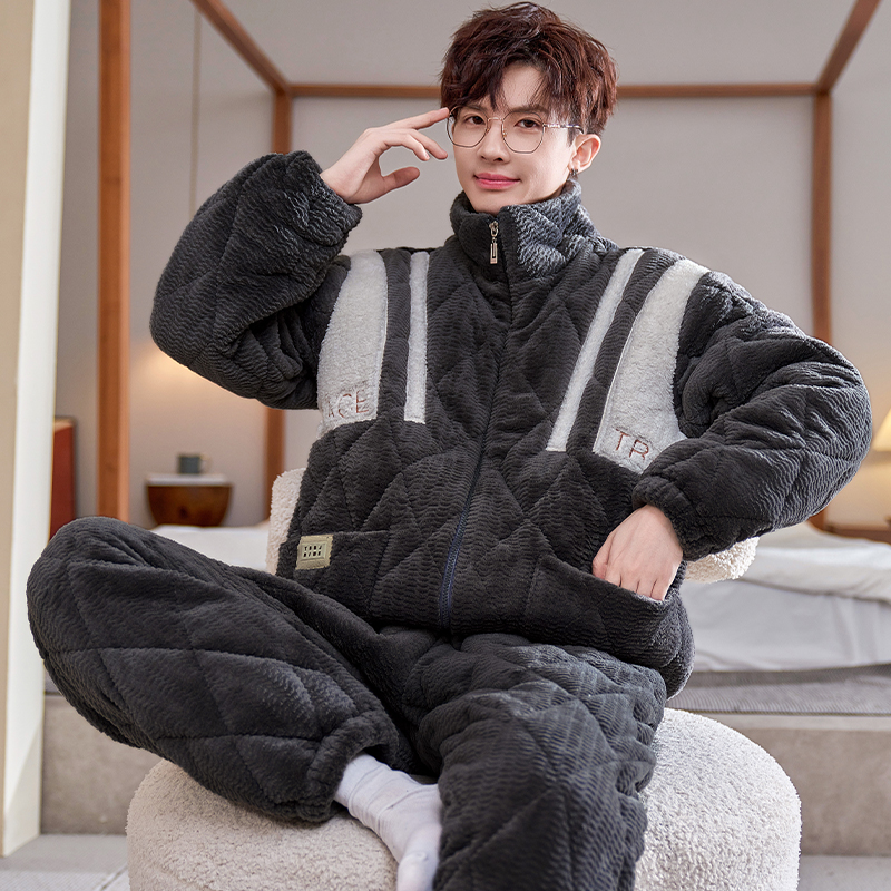 【三层夹棉】睡衣男士冬季珊瑚绒加绒加厚保暖法兰绒家居服大码套装