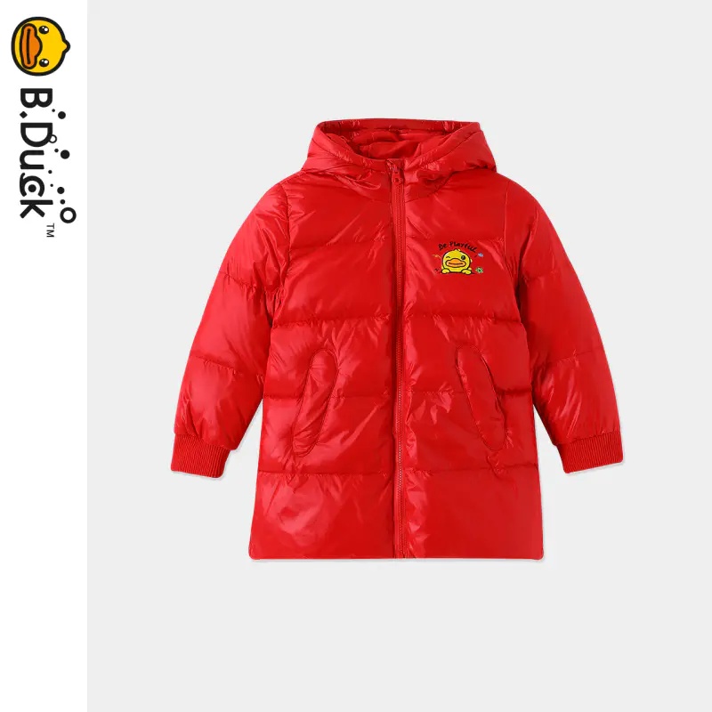 B.Duck小黄鸭童装冬季男女童加厚中长款羽绒服保暖外套连帽喜庆